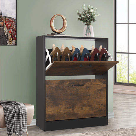 Rustic shoe storage cabinet in black with top pull-down drawer open and a potted plant styled on the surface.