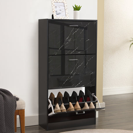 this black shoe cabinet presents a 3 tier shoe cabinet layout in marble finish with a spacious top and footwear.