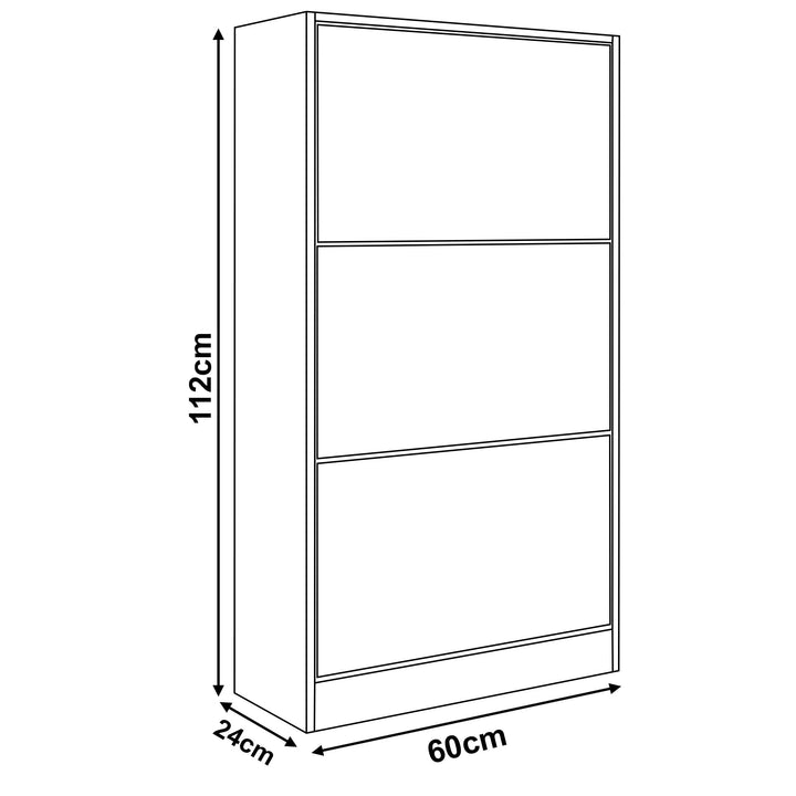 [Silver Grey] Image showing dimensions of gloss shoe cabinet in Grey: width 60 cm, depth 24 cm, and height: 112 cm.