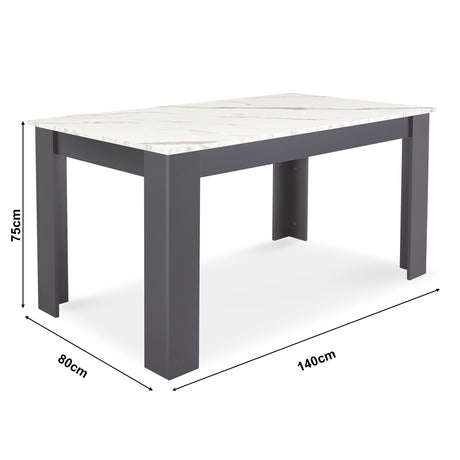 Modern small dining table with white marble top and grey base for contemporary dining.