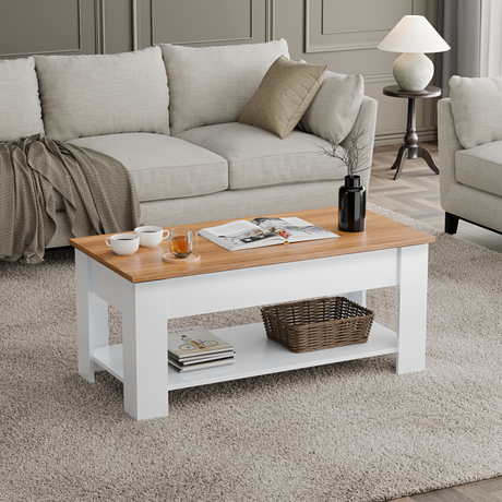 Modern style coffee table with a wooden top and white finish, featuring a lower storage shelf.