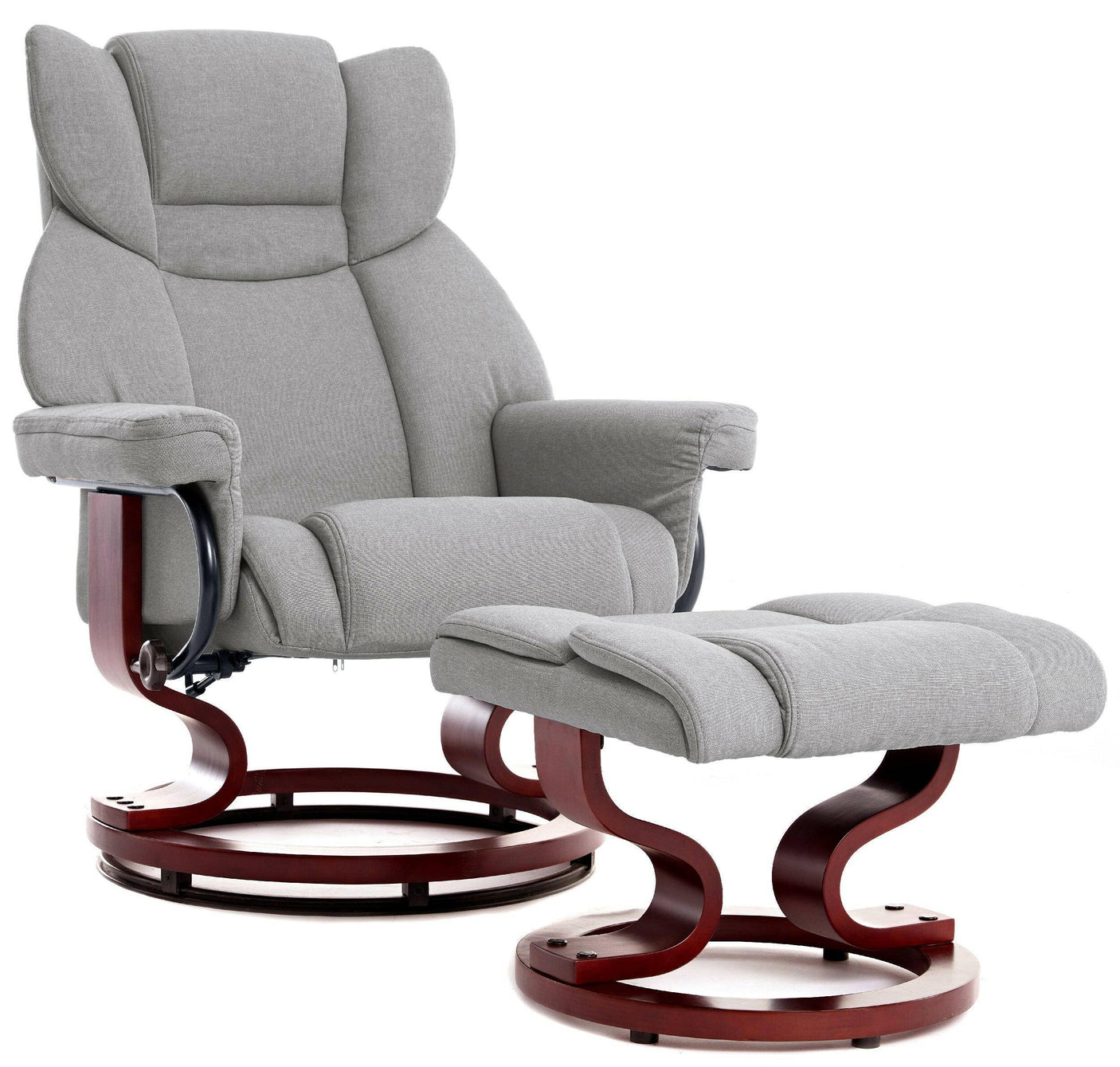 Light grey fabric Recliner Swivel Armchair With Footstool | Lounge Chair with ergonomic cushioning and curved wooden base for comfort.