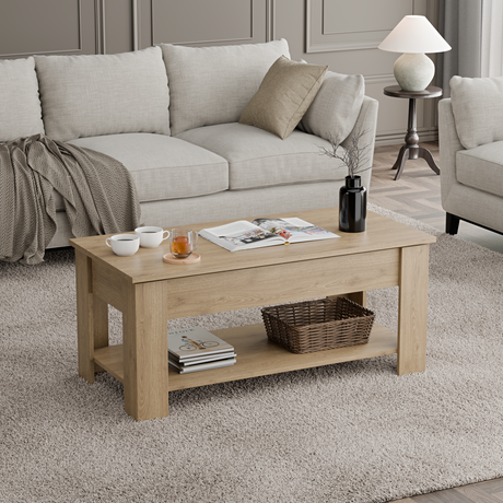 Modern table coffee with a natural finish, featuring a spacious lower shelf and clean.