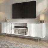 White TV entertainment stand with fluted cabinet doors and open shelving for modern living room storage.