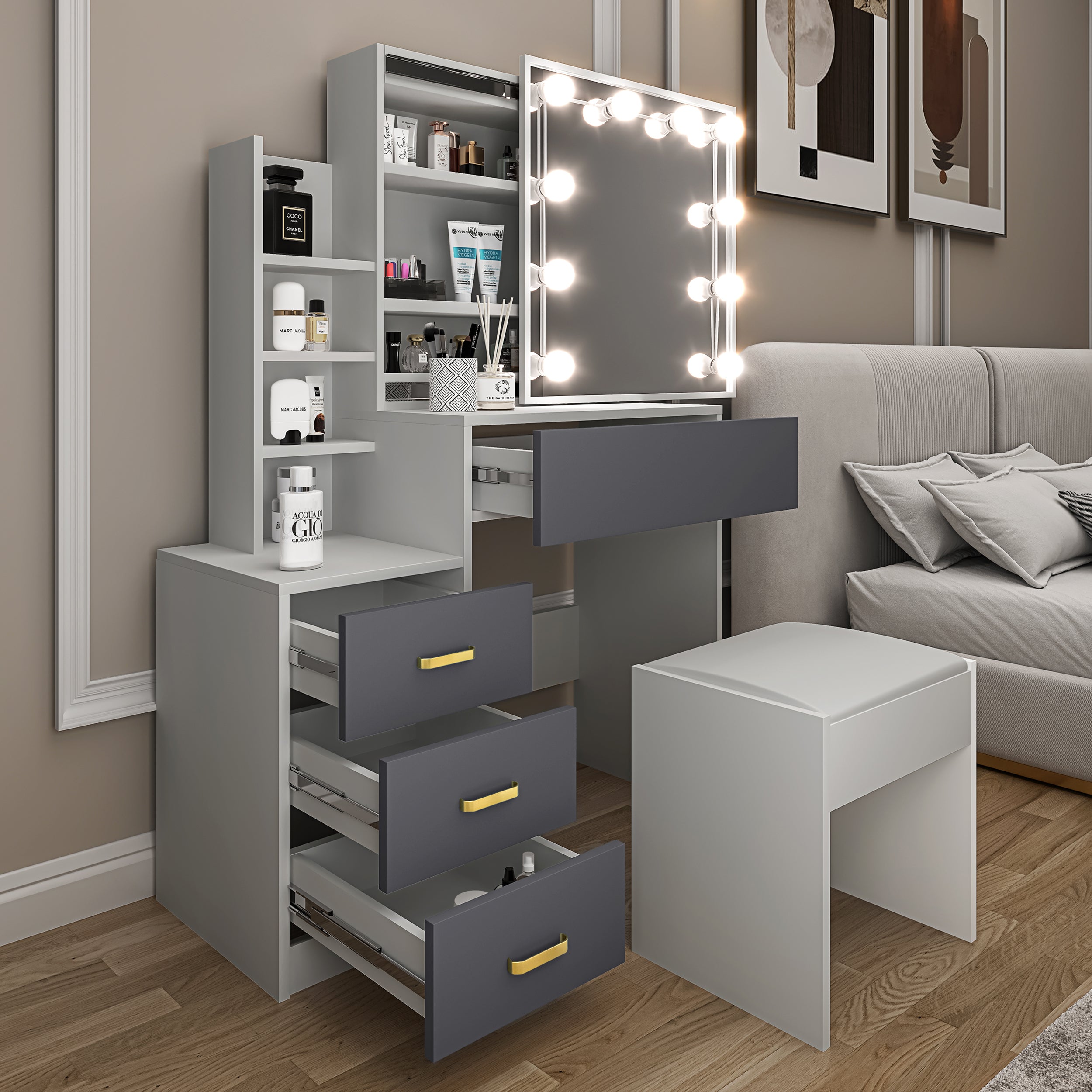 Modern vanity dressing table set with drawers and lighted mirror, and stool for bedrooms.