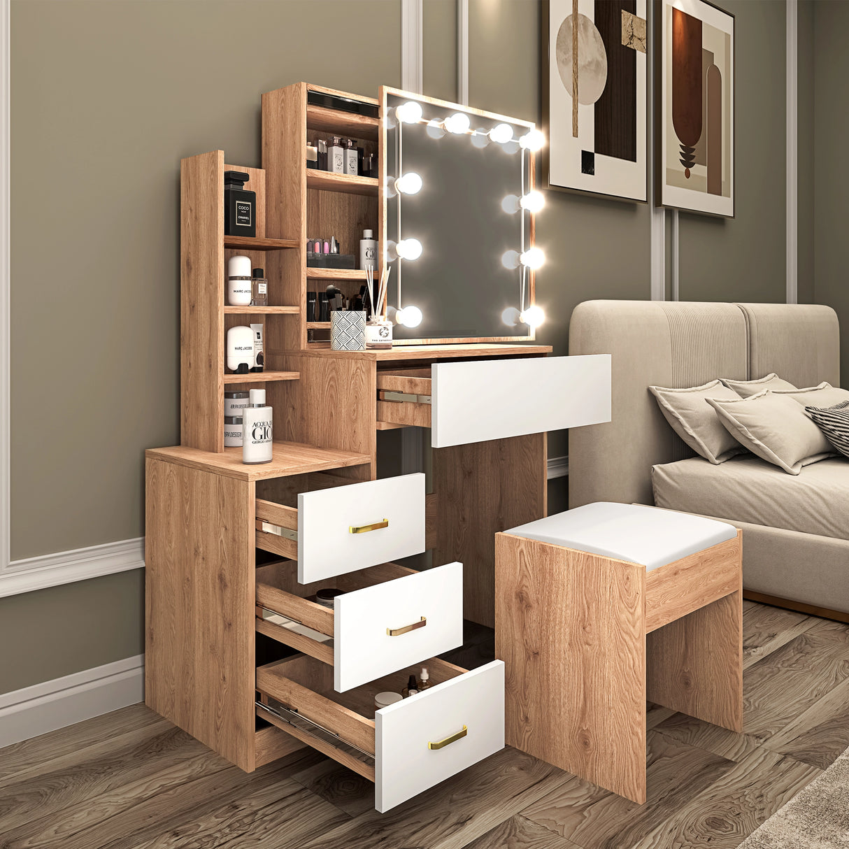 Wooden vanity with mirror and lights in a room with a sofa and decor.