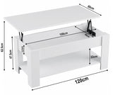 Modern white coffee table with lift-top storage and detailed dimensions for size reference.