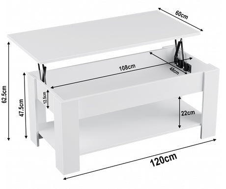 Modern white coffee table with lift-top storage and detailed dimensions for size reference.