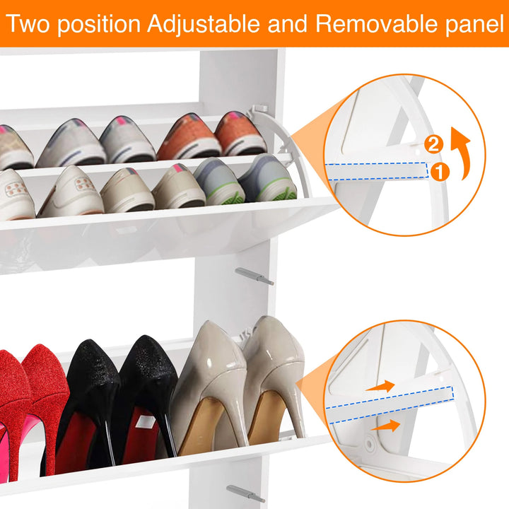 [White] Detail of white shoe cabinet adjustable divider panel that lifts to fit boots or drops to fit shorter shoes.