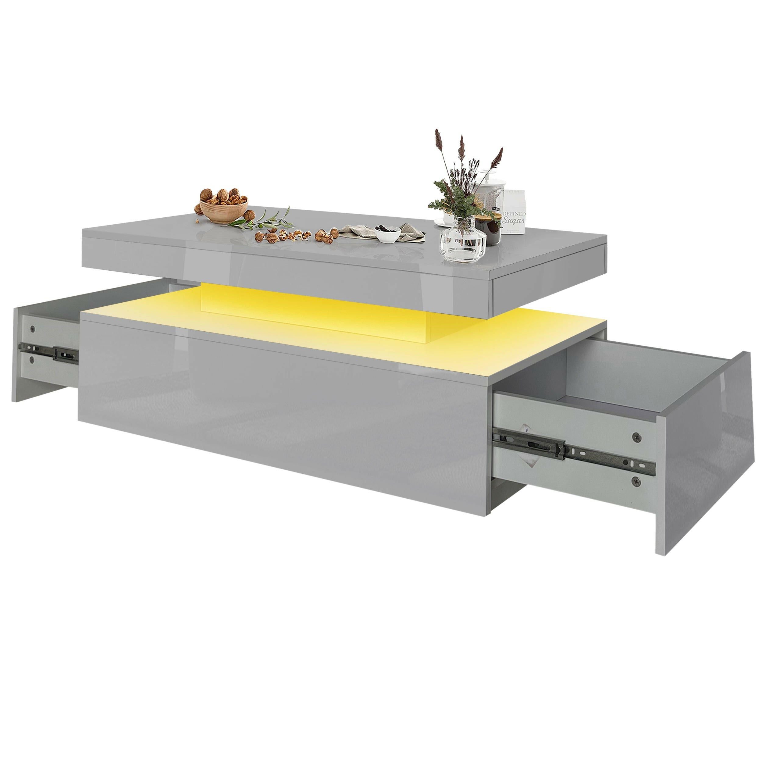 Modern grey coffee table with LED lights and drawers for storage, perfect for  living rooms.