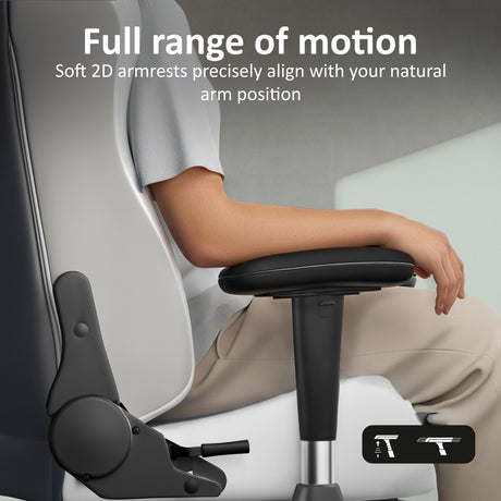 Person sitting on a ergonomic chair with text highlighting full range of motion and soft armrests.