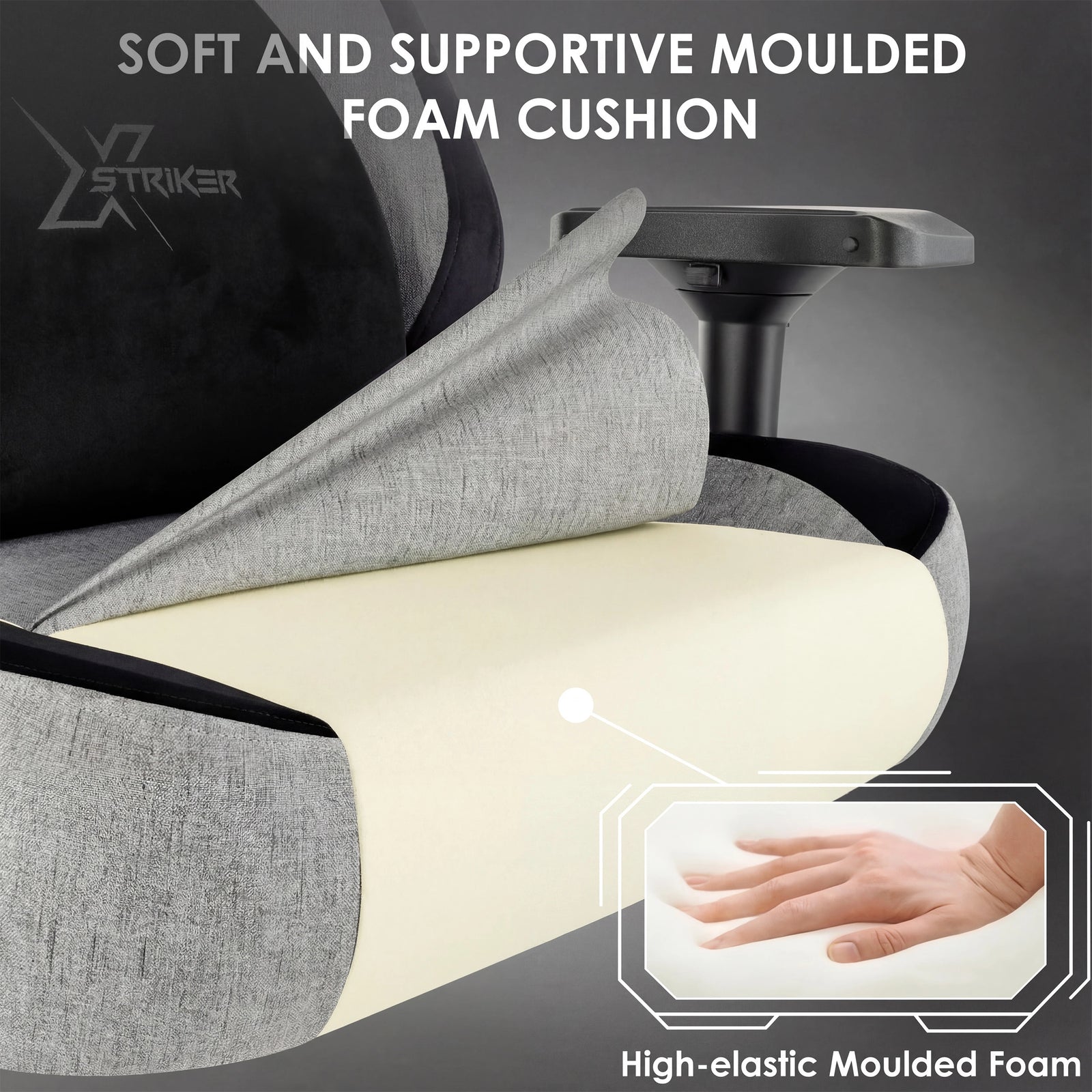 [Grey] Soft moulded foam cushion on Xstriker gaming chair offers high-elastic support for comfort during long gaming or work hours.