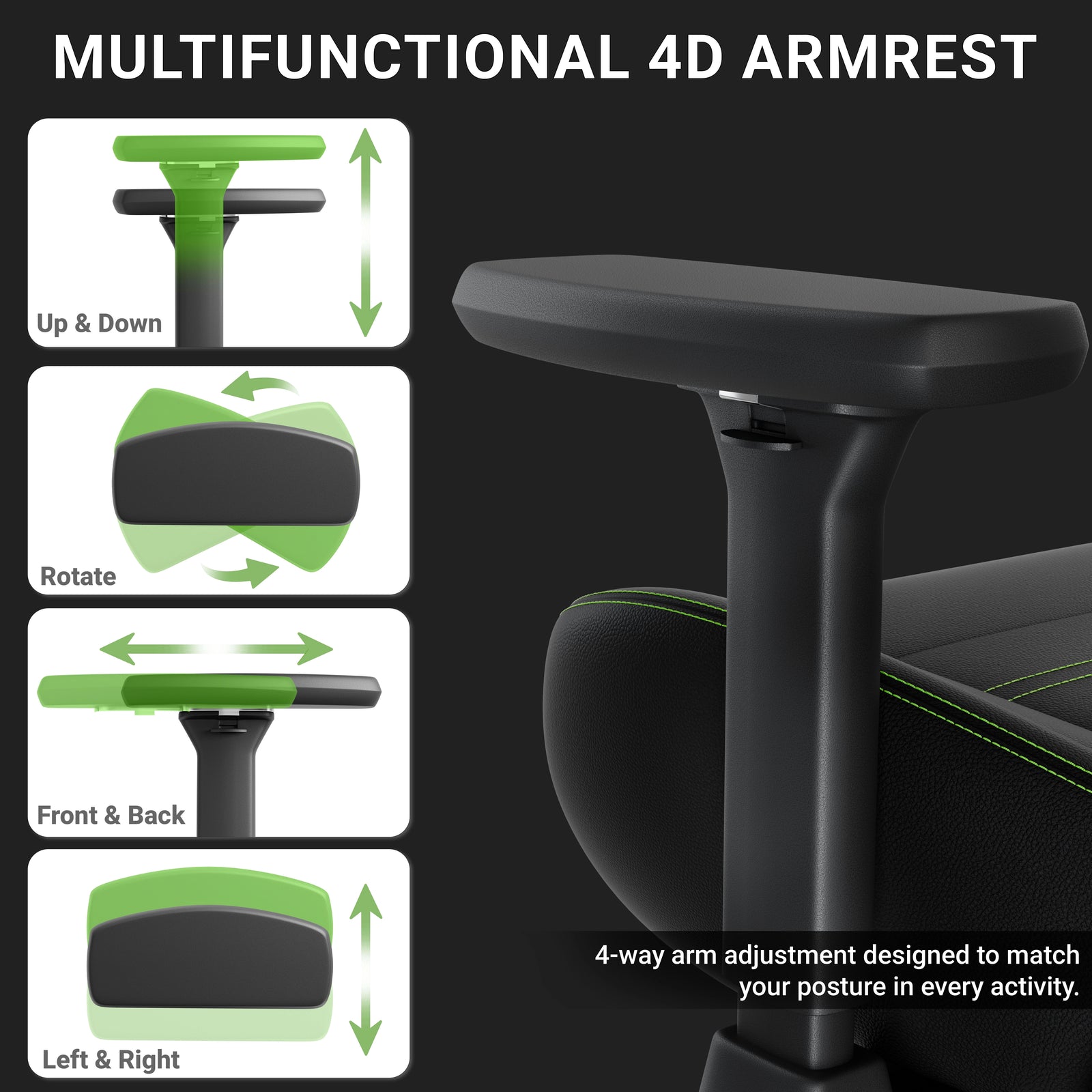 [Black] multi-directional adjustability of the multifunctional 4D armrests including rotation and height.