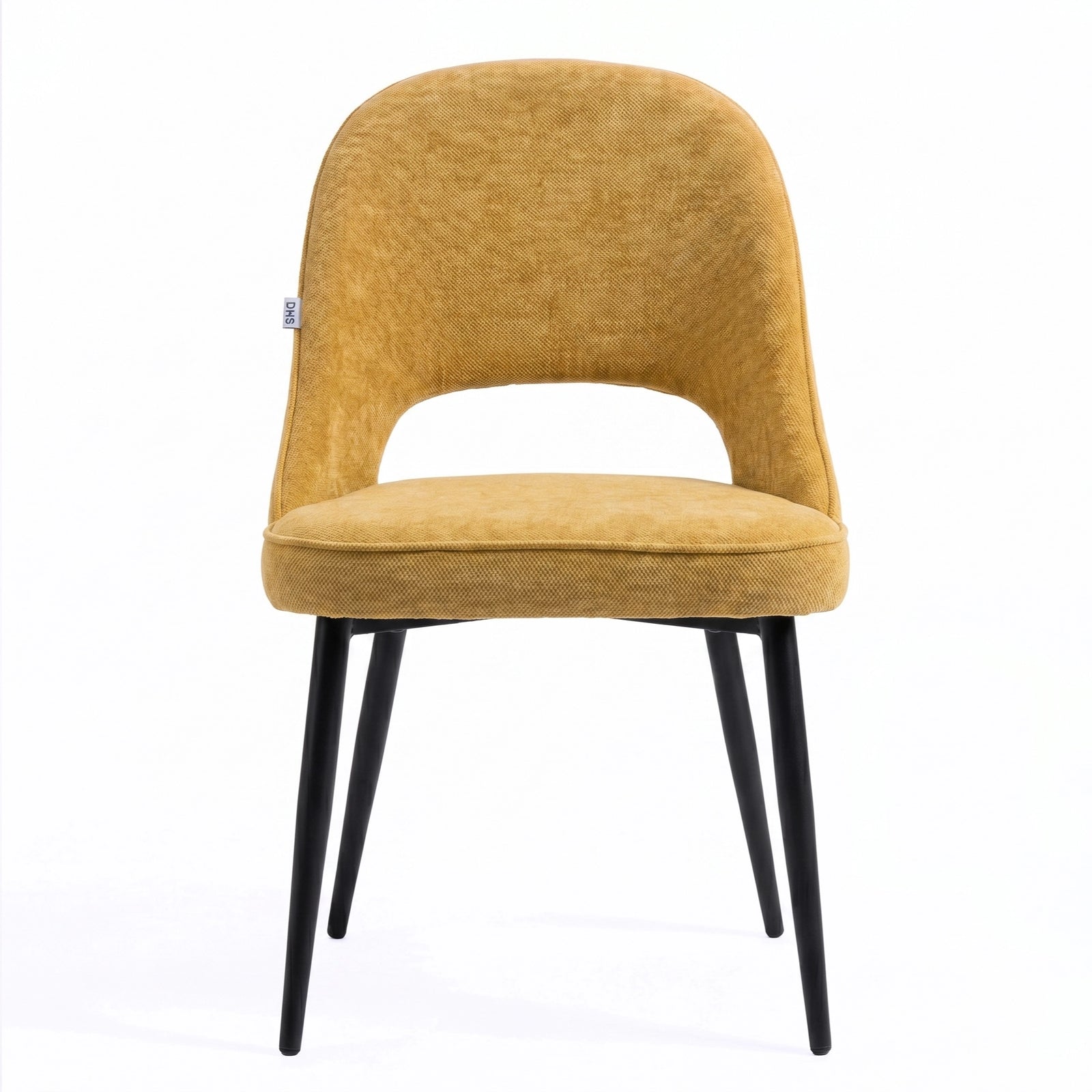 [Mustard | Set of 2] Front view of the comfy modern dining chair with rounded open back, piped seat & four black metal legs.