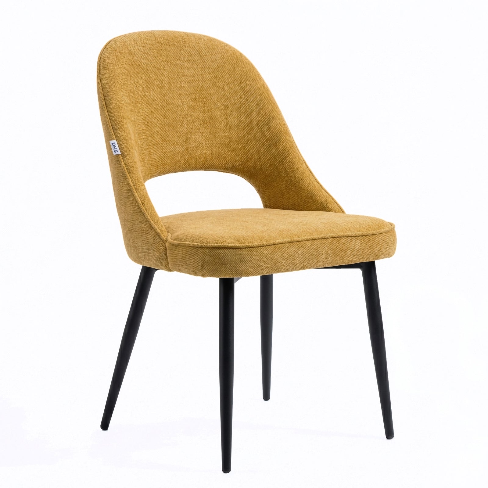 [Mustard | Set of 4] Studio view of fabric dining chair with rounded open back, piped seat & four black legs.