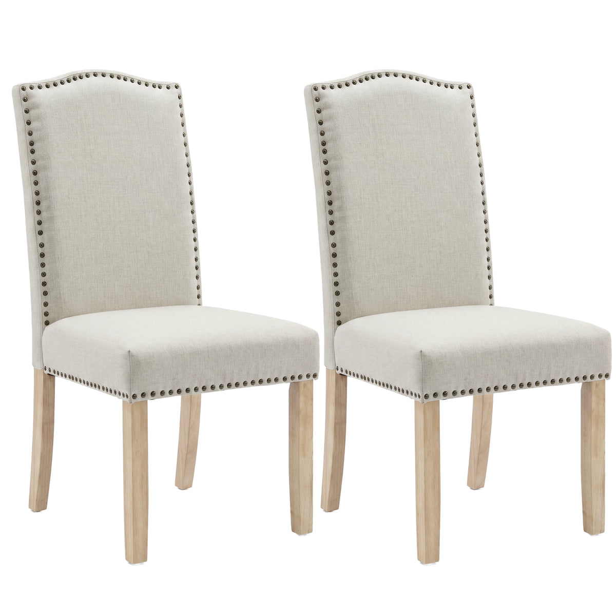 [Beige | Set of 2] Two upholstered dining chairs with light beige fabric, nailhead trim, and light wood legs on a white background.