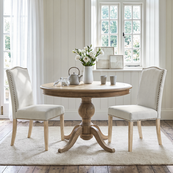 [Beige | Set of 2] Two nailhead dining chairs shown around a round wooden dining table in a dining room