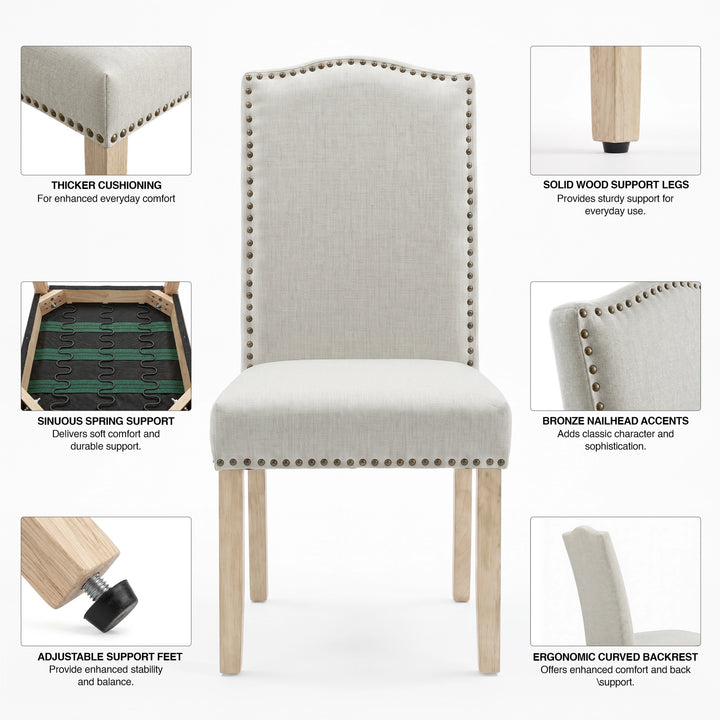 [Beige | Set of 2] Nailhead chairs graphic with cushioning, wood legs, spring, footpad, curved high-back and bronze trim