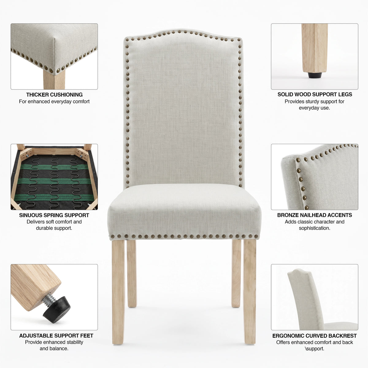 [Beige | Set of 4] Nailhead chairs graphic with cushioning, wood legs, spring, footpad, curved high-back and bronze trim
