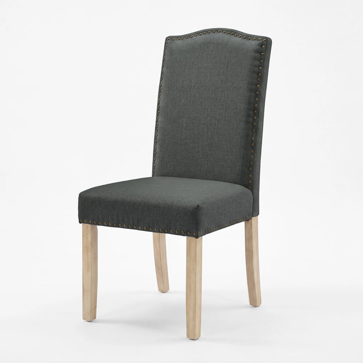 [Dark Grey | Set of 2] Nailhead dining chair in fabric, high padded back, bronze trim and light wooden legs