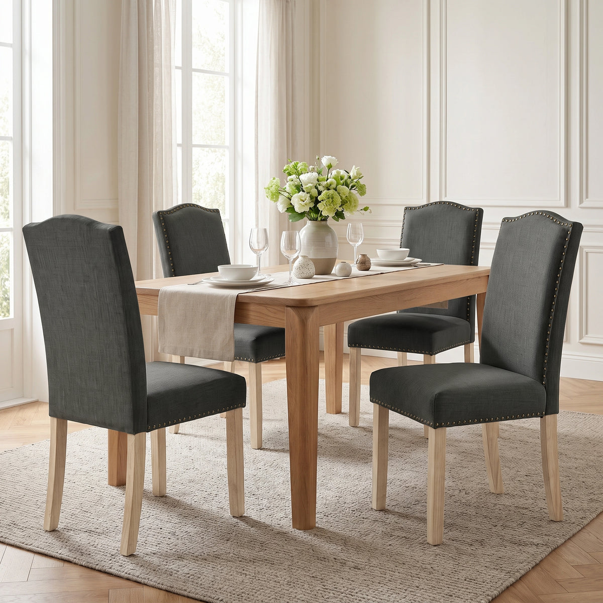 [Dark Grey | Set of 4] Nailhead dining chair in fabric, high padded back, bronze trim and light wooden legs