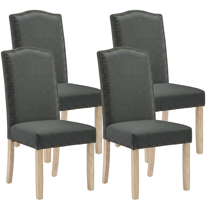 [Dark Grey | Set of 4] Nailhead dining chair in fabric, high padded back, bronze trim and light wooden legs