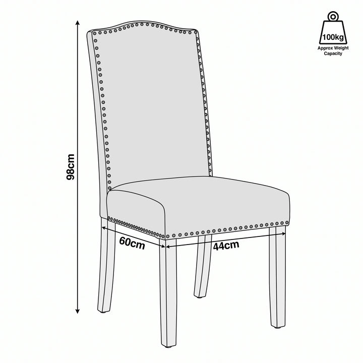 [Dark Grey | Set of 4] Nailhead dining chair size guide: 44W x 60D x 98H cm, 100kg capacity shown