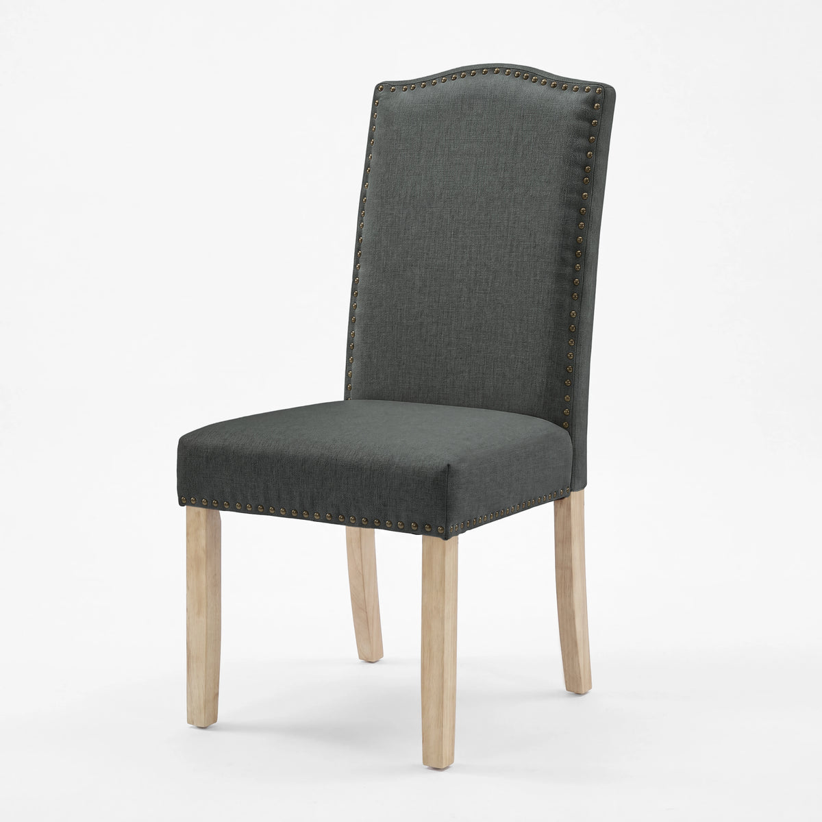 [Dark Grey | Set of 4] Nailhead dining chair in fabric, high padded back, bronze trim and light wooden legs