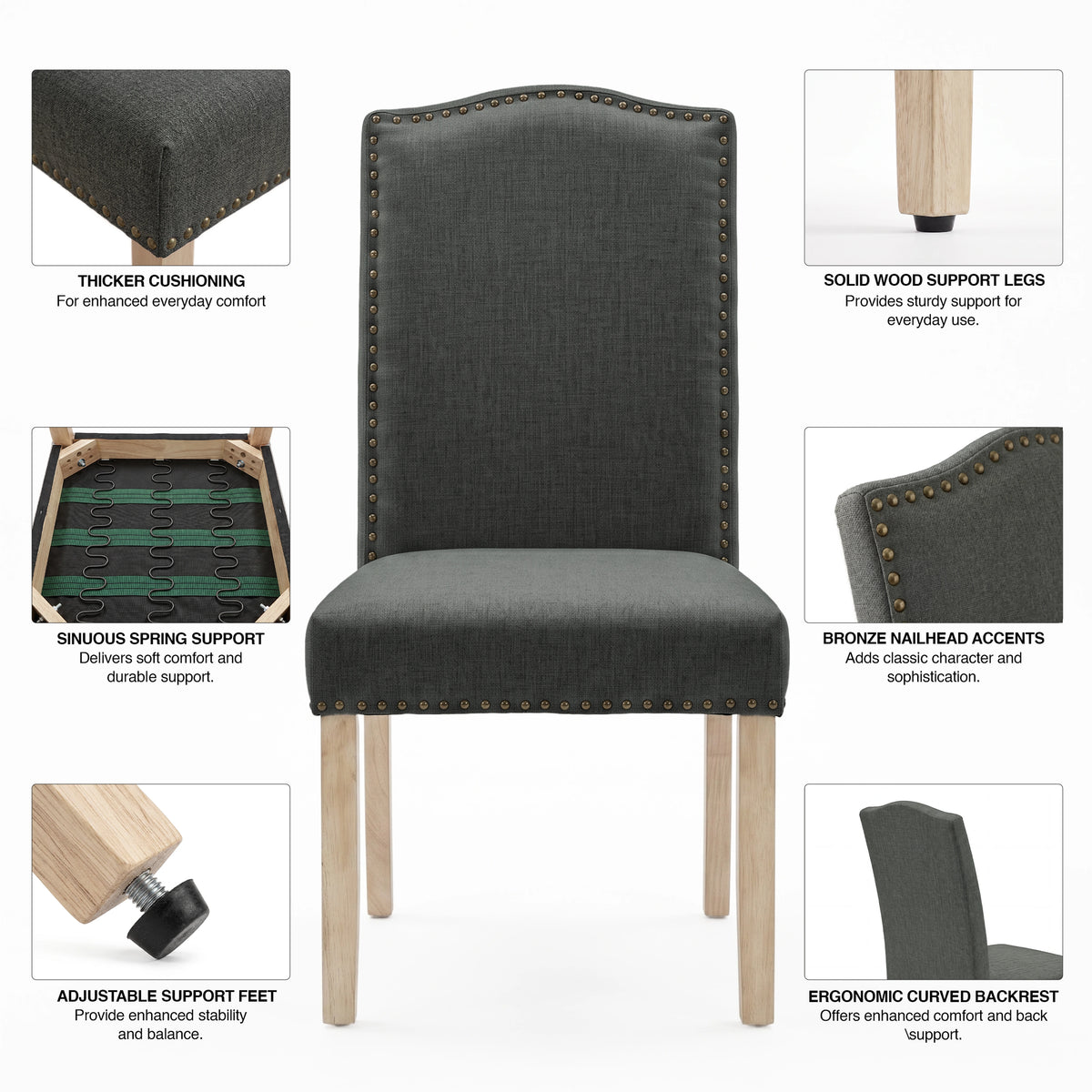 [Dark Grey | Set of 2] Feature graphic highlighting cushioning, spring support, legs, and nailhead trim.
