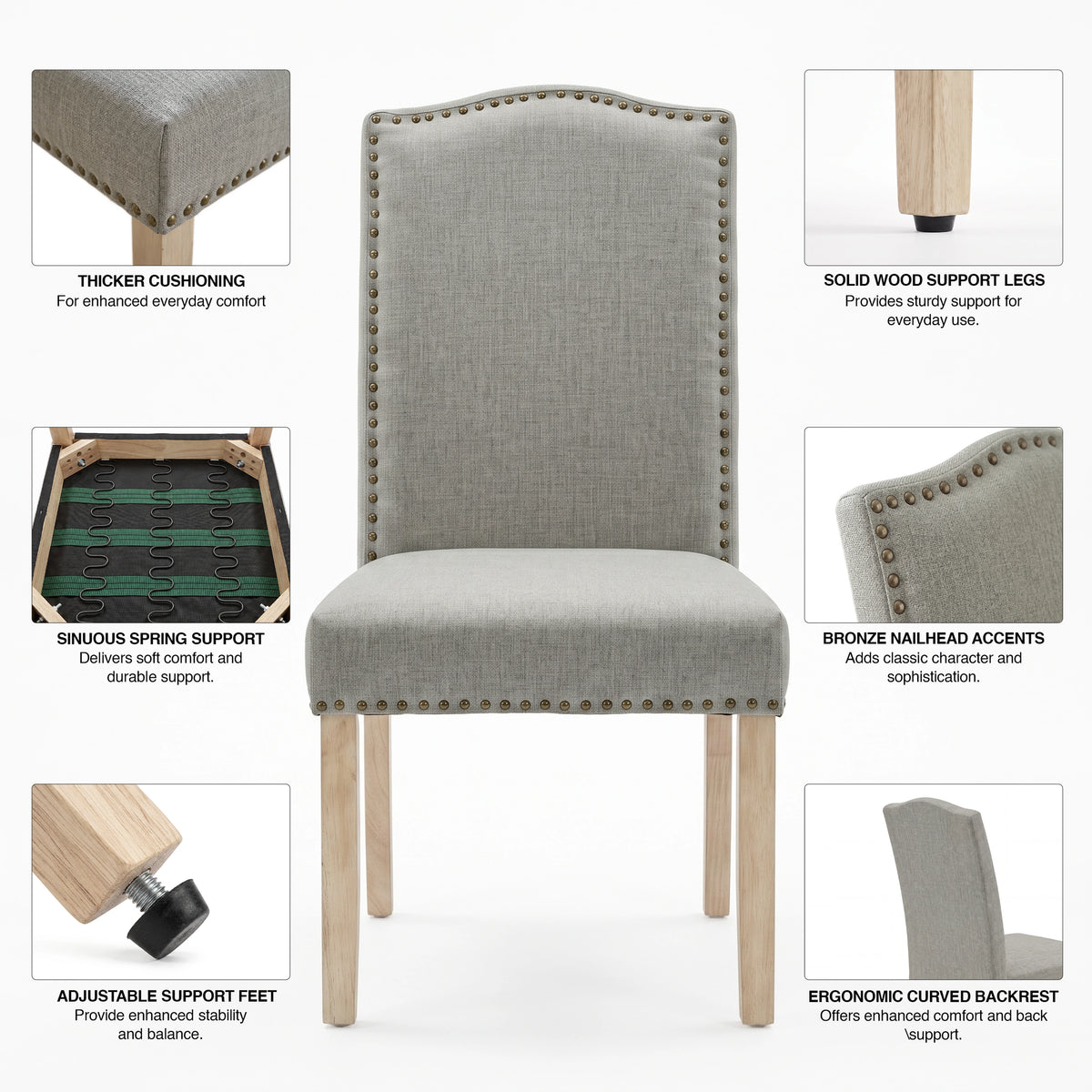 [Light Grey | Set of 2] Feature graphic highlighting cushioning, spring support, legs, and nailhead trim.