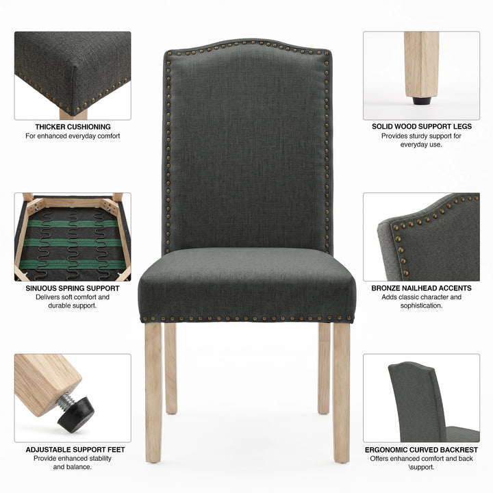 [Dark Grey | Set of 4] Feature graphic highlighting cushioning, spring support, legs, and nailhead trim.