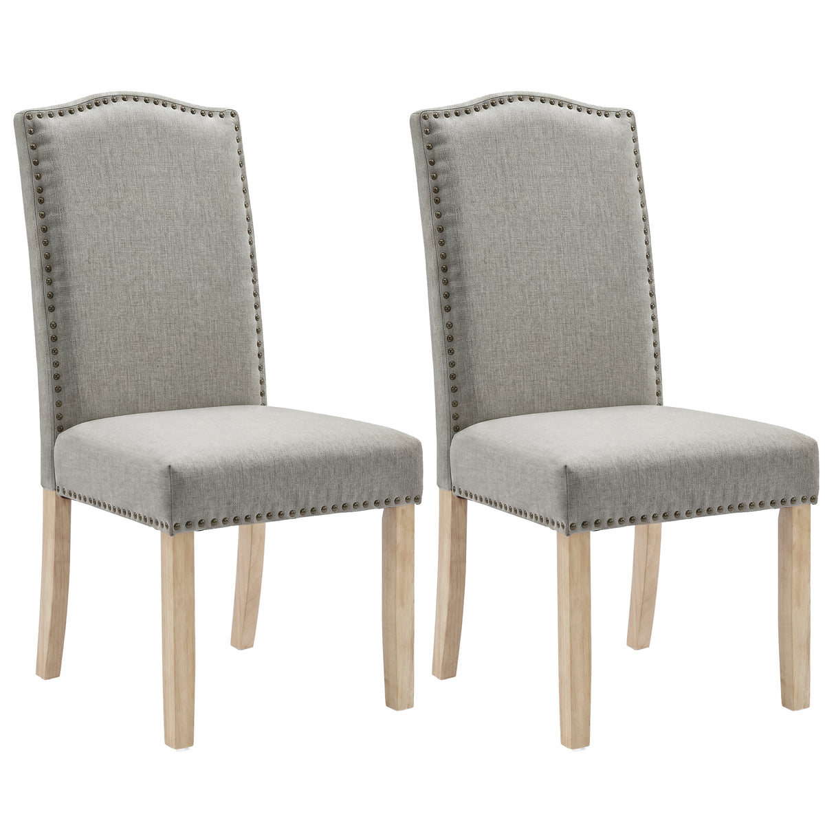 [Light Grey | Set of 2] Two matching upholstered dining chairs with tall arched backs, light grey fabric, nailhead trim, and natural wood legs on a white background.