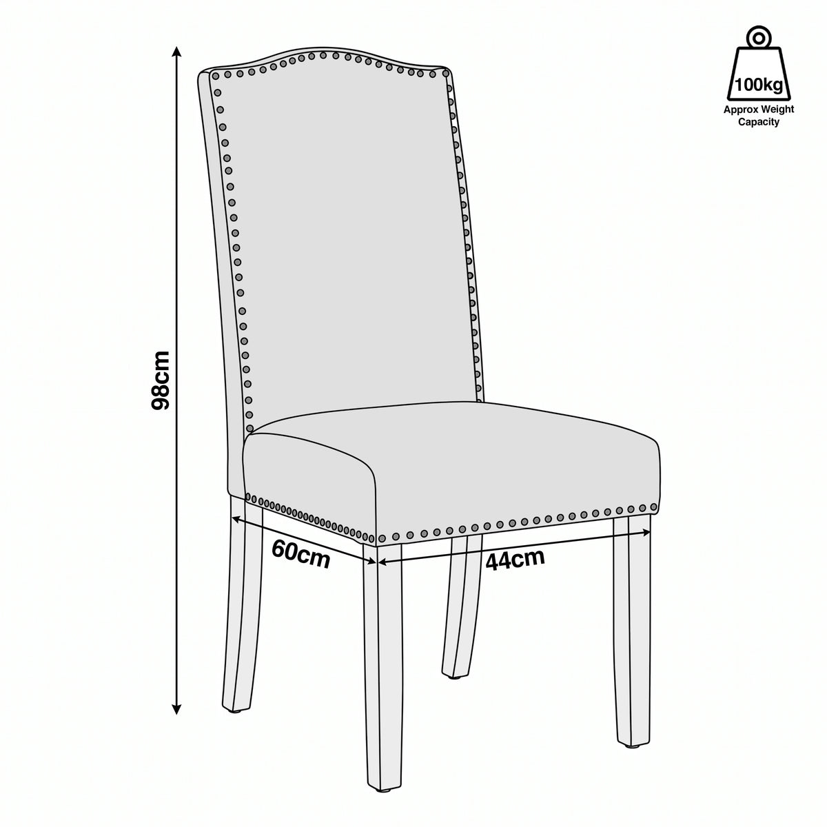 [Light Grey | Set of 2] Nailhead dining chair size guide: 44W x 60D x 98H cm, 100kg capacity shown