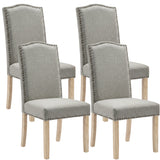 [Light Grey | Set of 4] Four light grey fabric dining chairs with nailhead trim and wooden legs