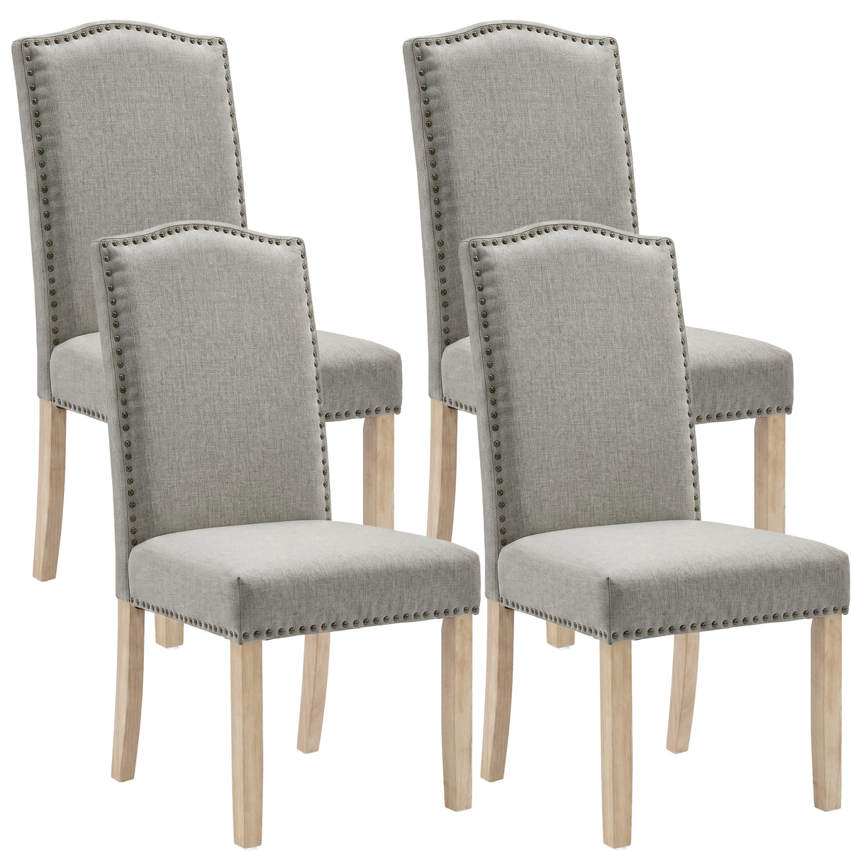 [Light Grey | Set of 4] Four light grey fabric dining chairs with nailhead trim and wooden legs
