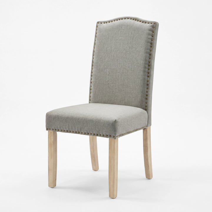 [Light Grey | Set of 4] Nailhead dining chair in fabric, high padded back, bronze trim and wooden legs
