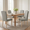 [Light Grey | Set of 4] A 4-piece dining set featuring a rectangular light oak wood table and four upholstered dining chairs in a light gray fabric with nailhead trim