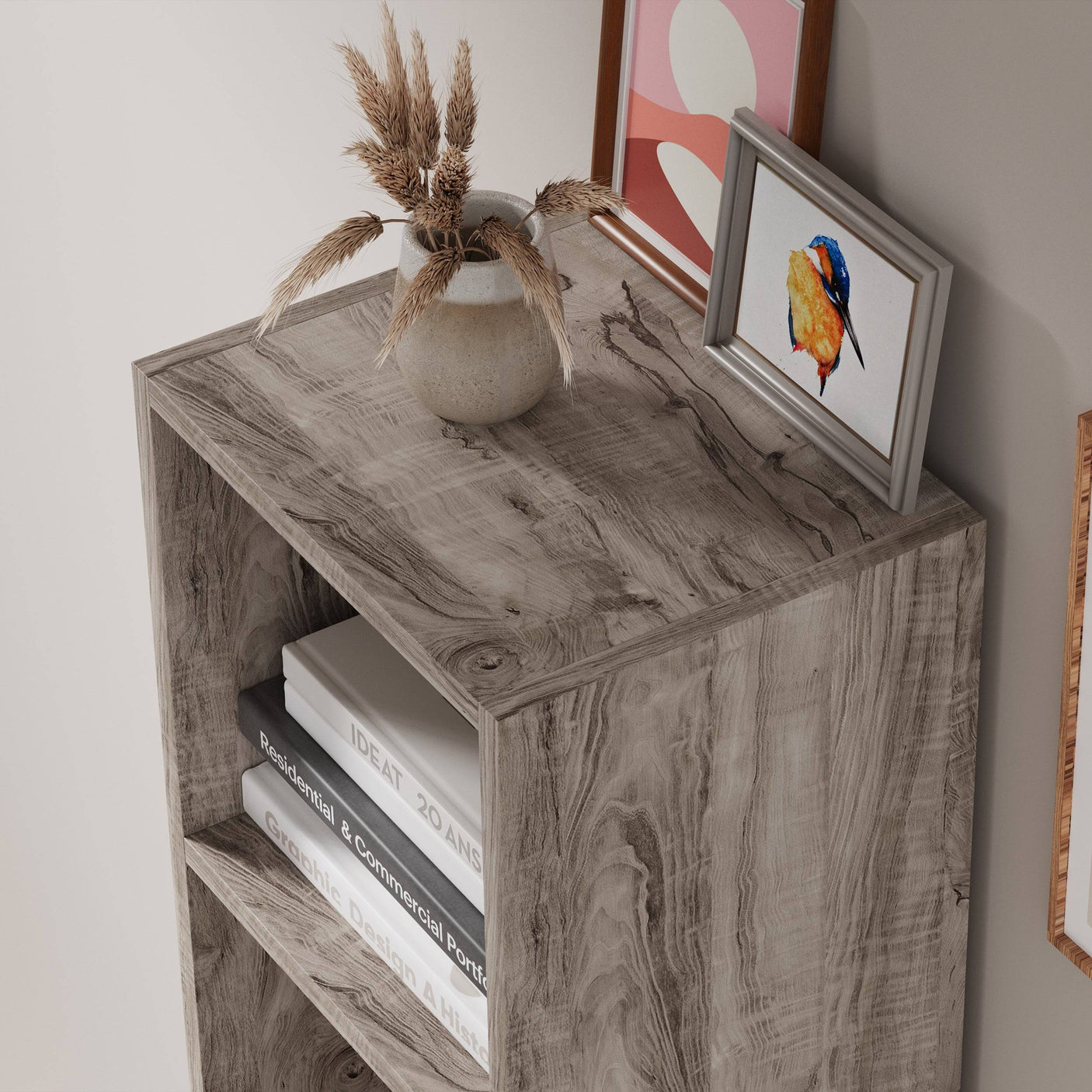 Top view of rustic Blisswood bookcase with decor, ideal for farmhouse or vintage-inspired interiors.