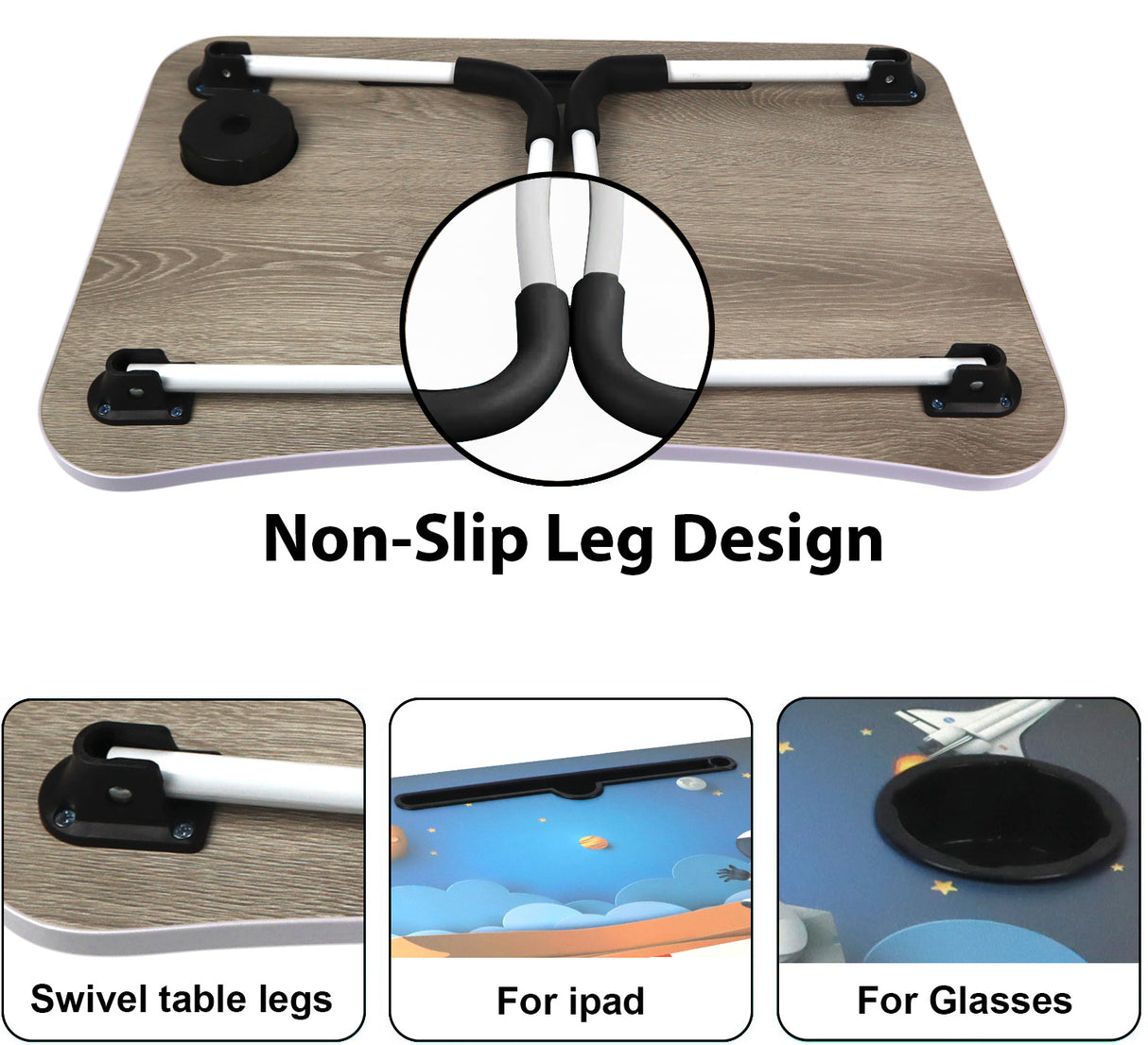 Narrow laptop desk with non-slip legs, swivel design, ideal for iPad and glasses.