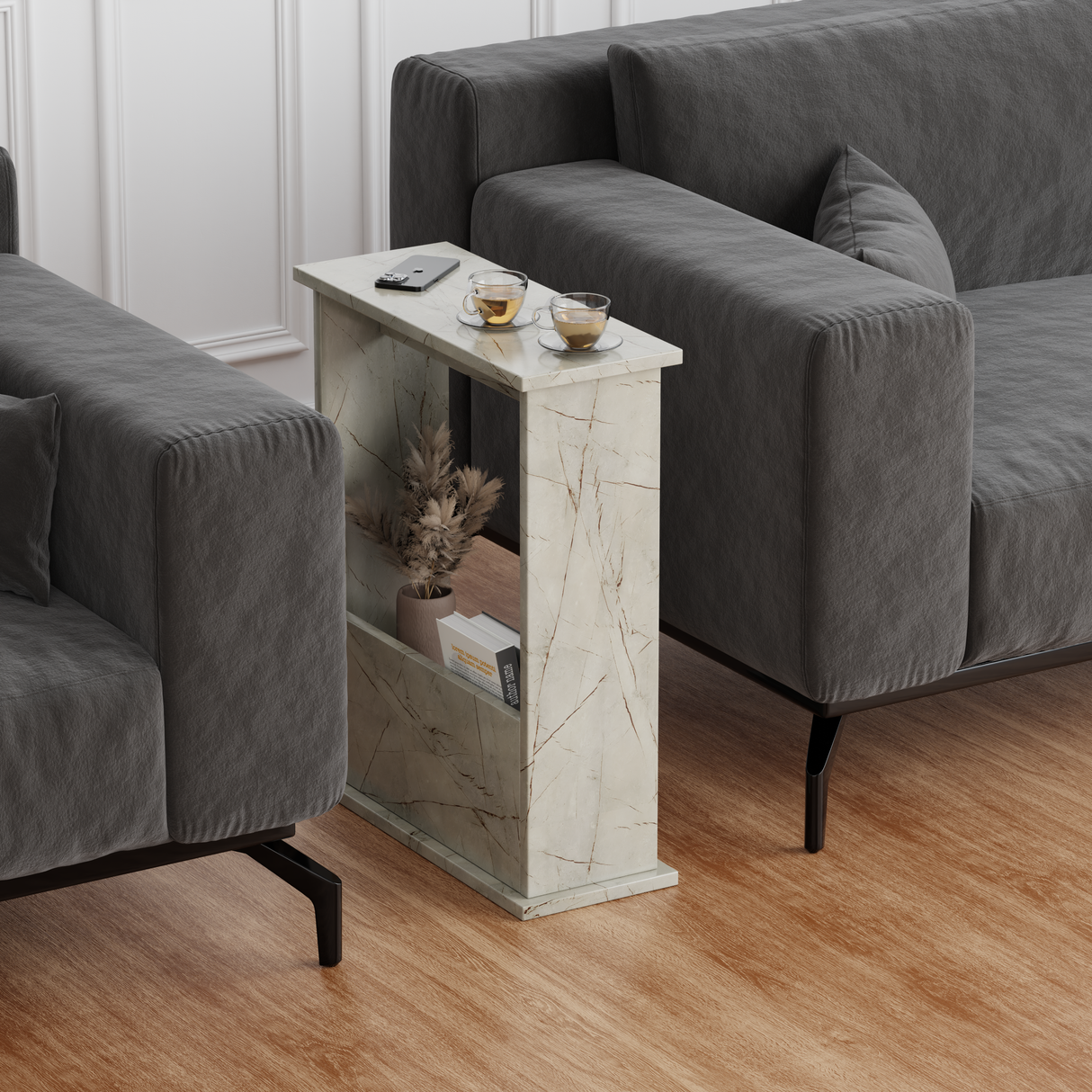 Narrow side table bedroom – perfect for small spaces, offering both style and storage.