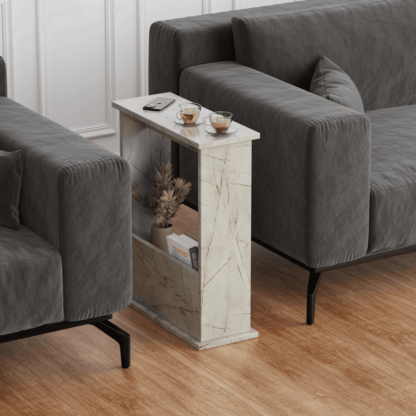 Narrow side table bedroom – perfect for small spaces, offering both style and storage.