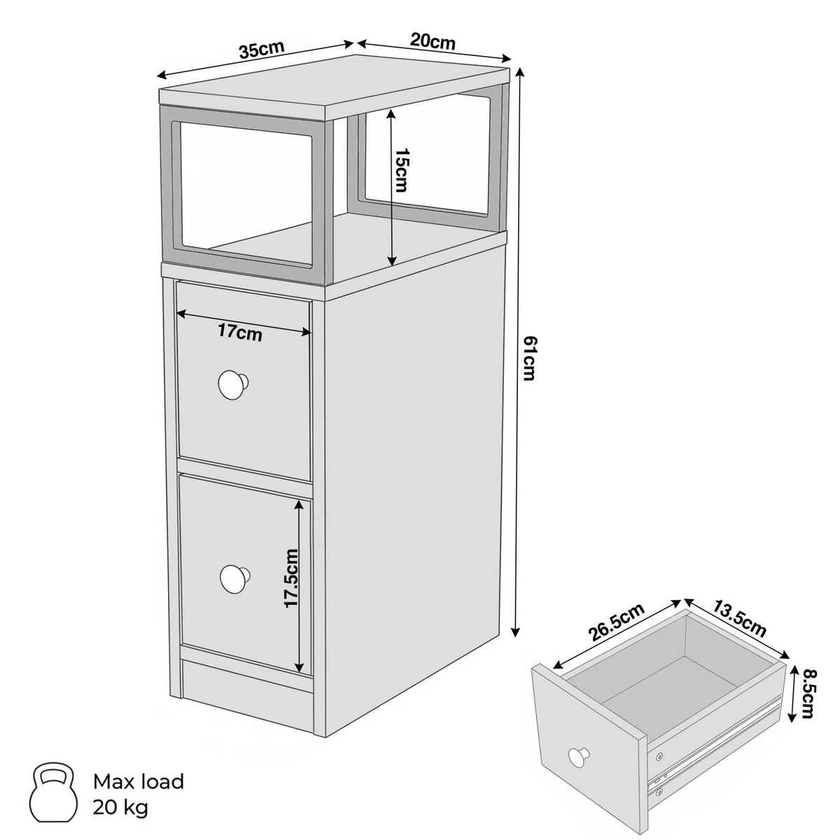 [Black + Rustic] Narrow side table dimensions: 20W x 35D x 61H cm; shelf 15H; drawers 13.5W x 26.5D x 8.5H cm