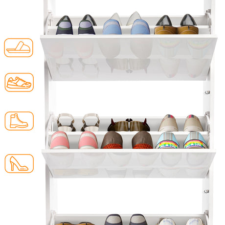 Narrow shoe cabinet shown with three doors open, storing footwear like Crocs, slippers, boots, and wellies.