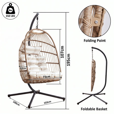 [Natural] Dimensions diagram for natural garden egg chair: 73cm seat, 107cm chair, 195cm stand, 100x103cm base