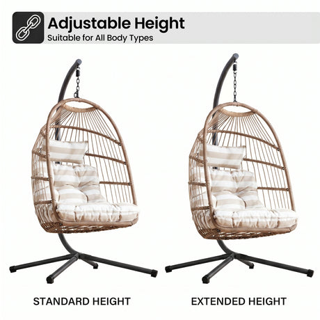 [Natural] adjustable hanging egg chair with cushioned seat and height extension for indoor or outdoor relaxation