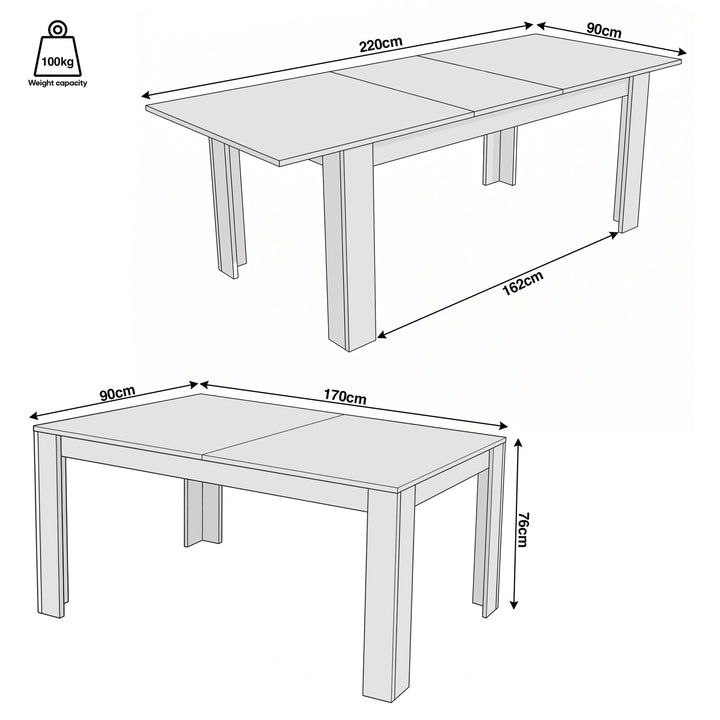 [Oak] Dimension diagrams show the table at 170 and 220 cm long; both are 90 cm deep and 76 cm high, capacity:100 kg.