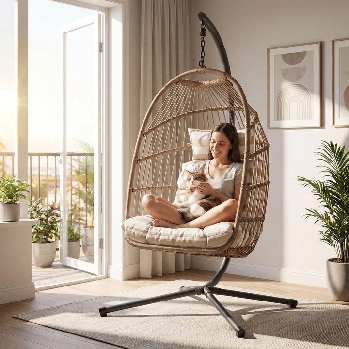 [Natural] Woman sitting in a wicker egg chair with a cat, surrounded by plants in a bright room