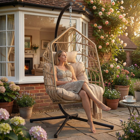 Foldable Hanging Egg Chair With Stand & Cushion in natural color on a patio, featuring a woman relaxing in a garden setting with blooming flowers.
