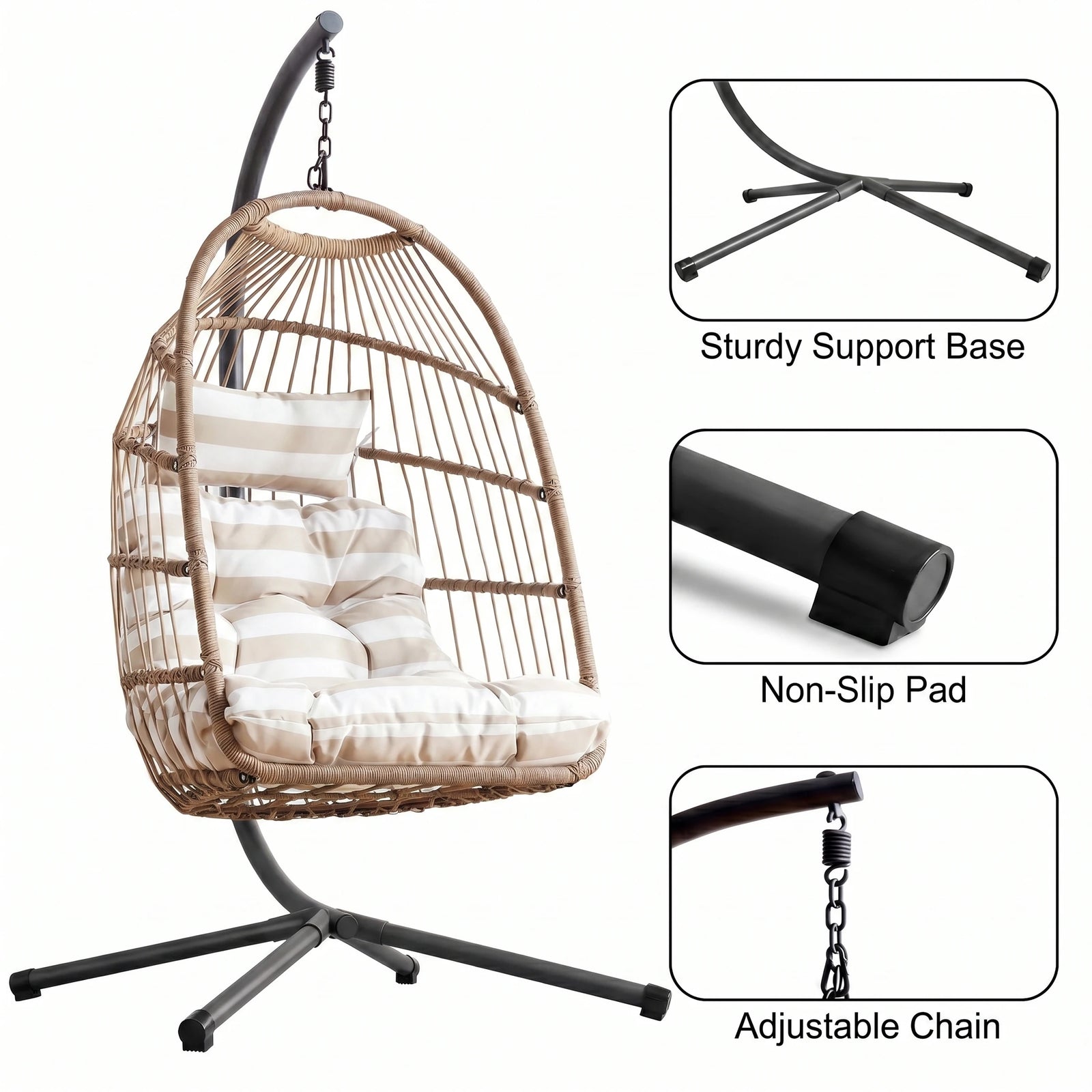 [Natural] Outdoor egg chairs for garden with sturdy support base, non-slip pad, and adjustable chain