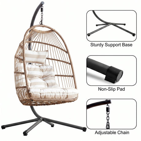 [Natural] Outdoor egg chairs for garden with sturdy support base, non-slip pad, and adjustable chain